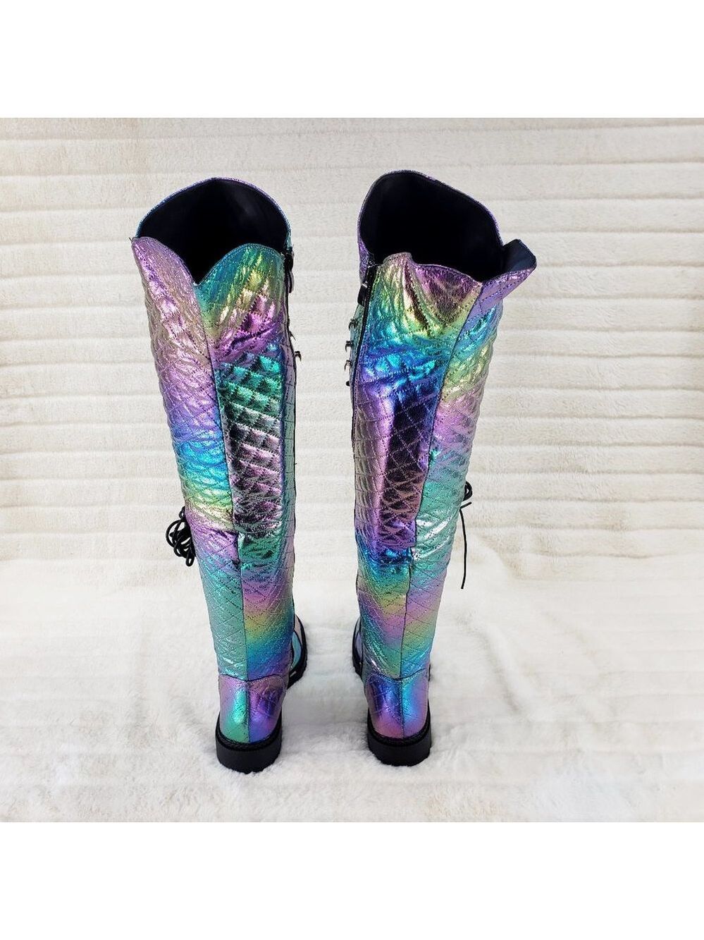 Travis Festive Quilted Metallic Rainbow Corset Lace Over the Knee Boots - Picture 3 of 11